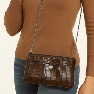 Italian Leather Zipper Purse Vintage Croc Style Look Hippie Chain Strap Bag